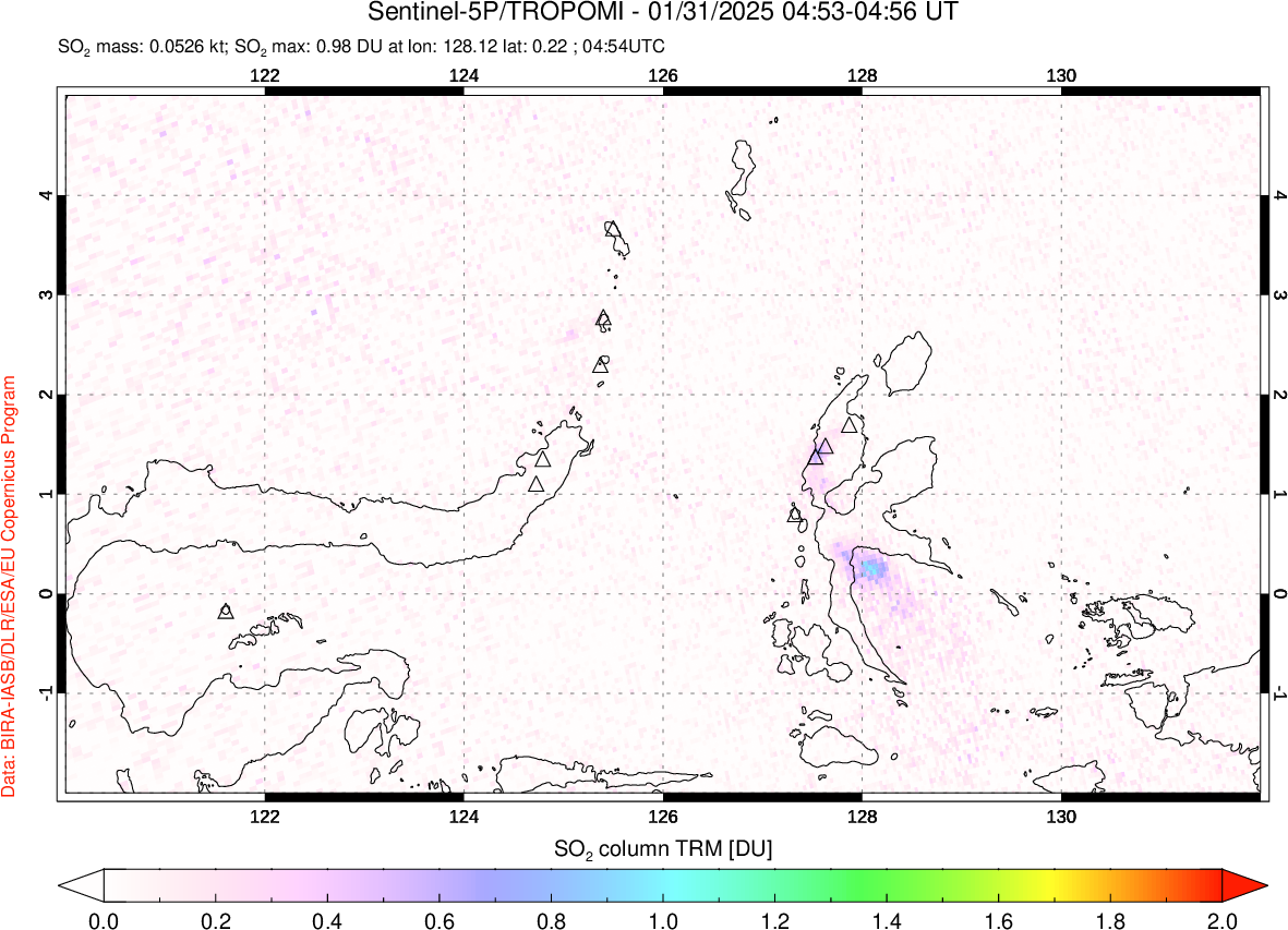 A sulfur dioxide image over Northern Sulawesi & Halmahera, Indonesia on Jan 31, 2025.