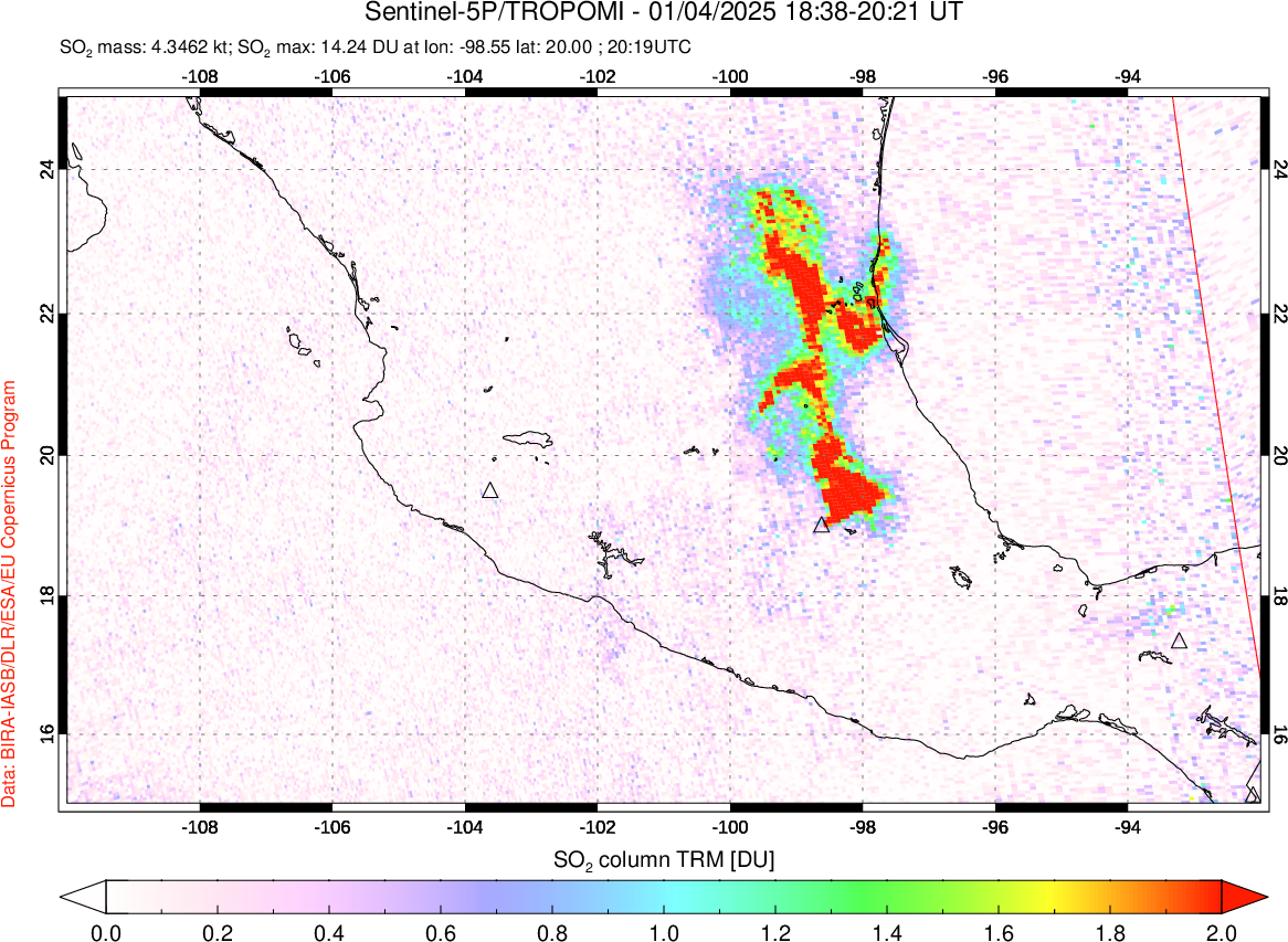 A sulfur dioxide image over Mexico on Jan 04, 2025.