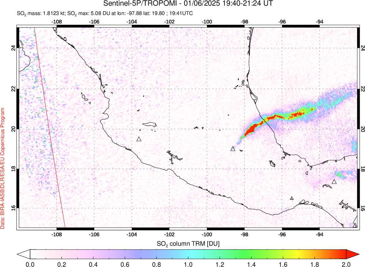 A sulfur dioxide image over Mexico on Jan 06, 2025.