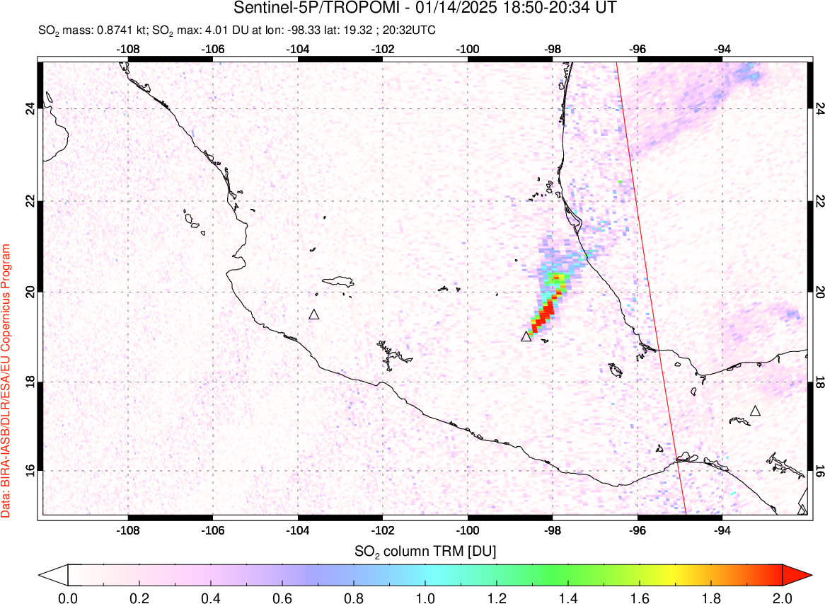 A sulfur dioxide image over Mexico on Jan 14, 2025.