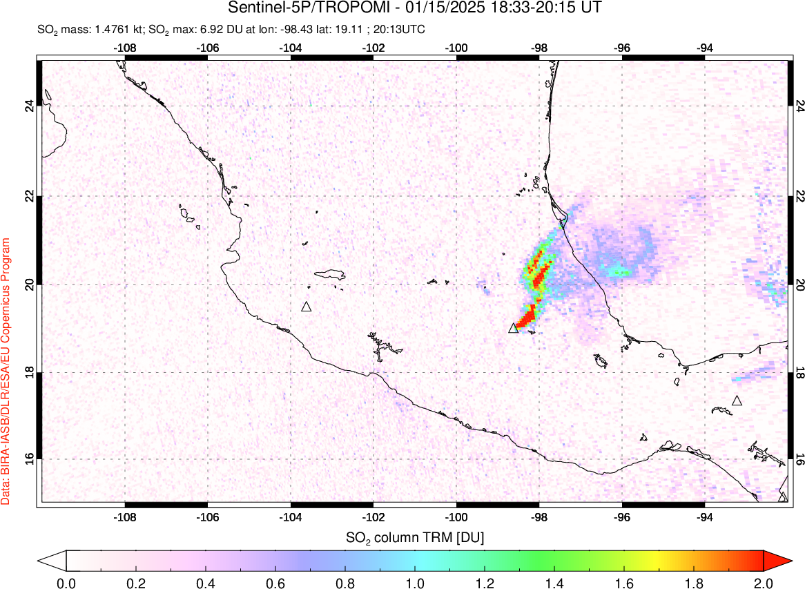 A sulfur dioxide image over Mexico on Jan 15, 2025.