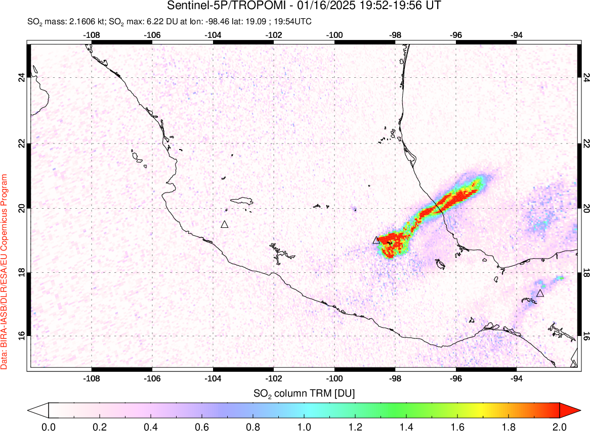 A sulfur dioxide image over Mexico on Jan 16, 2025.