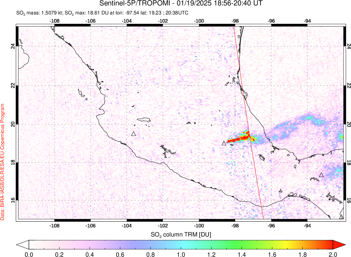 A sulfur dioxide image over Mexico on Jan 19, 2025.