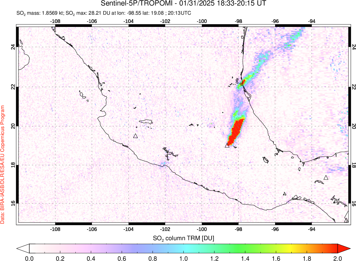 A sulfur dioxide image over Mexico on Jan 31, 2025.