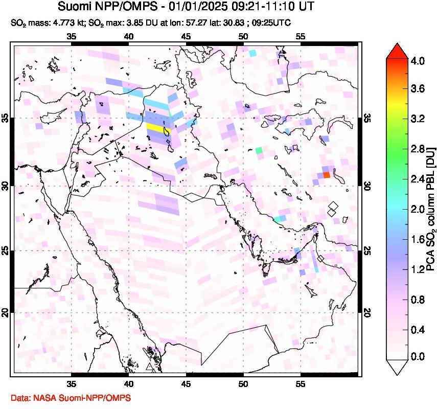 A sulfur dioxide image over Middle East on Jan 01, 2025.