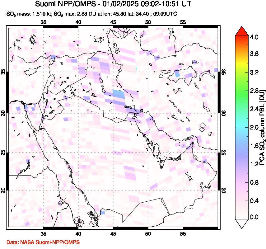 A sulfur dioxide image over Middle East on Jan 02, 2025.