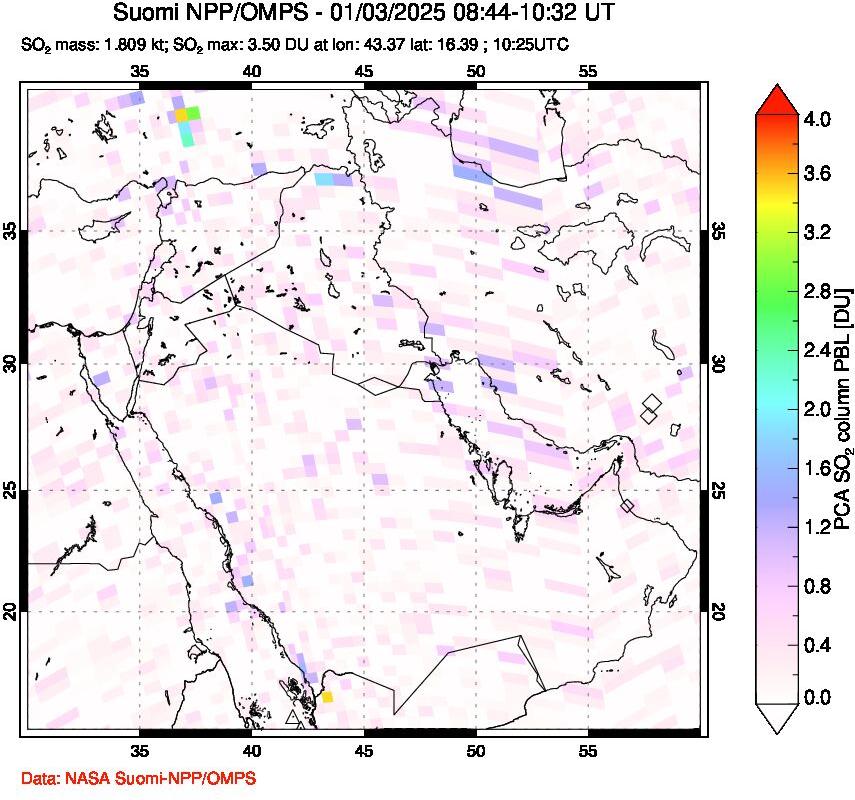 A sulfur dioxide image over Middle East on Jan 03, 2025.