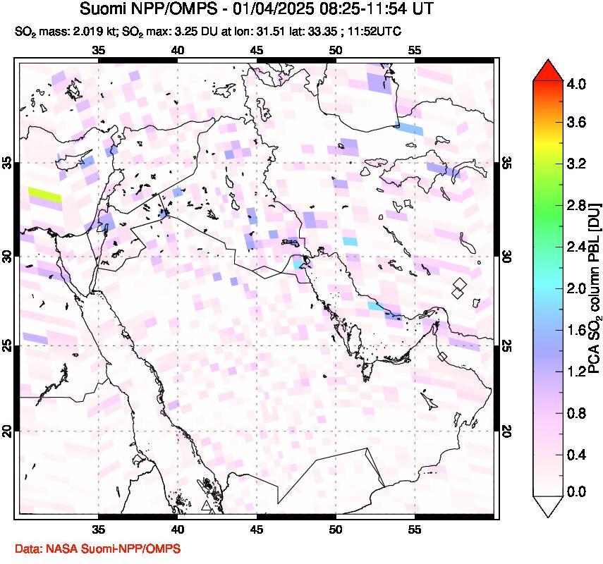 A sulfur dioxide image over Middle East on Jan 04, 2025.