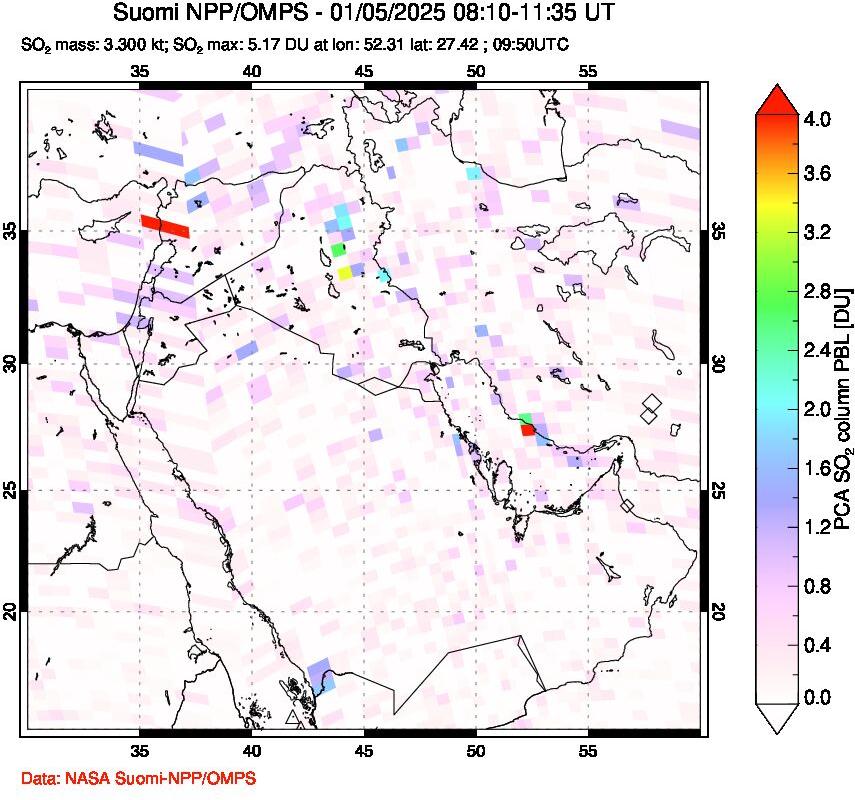 A sulfur dioxide image over Middle East on Jan 05, 2025.