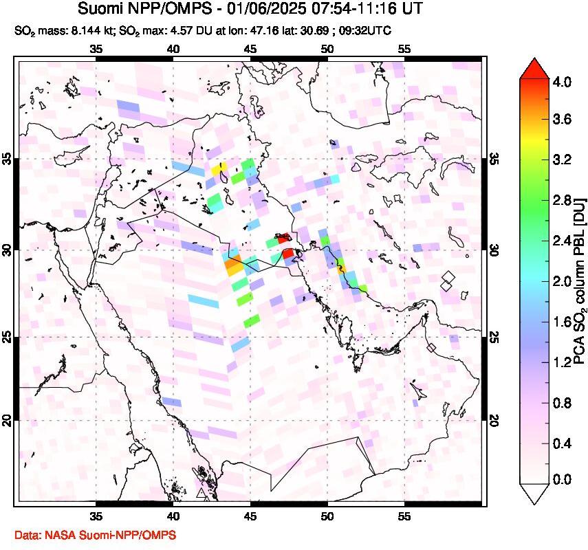 A sulfur dioxide image over Middle East on Jan 06, 2025.