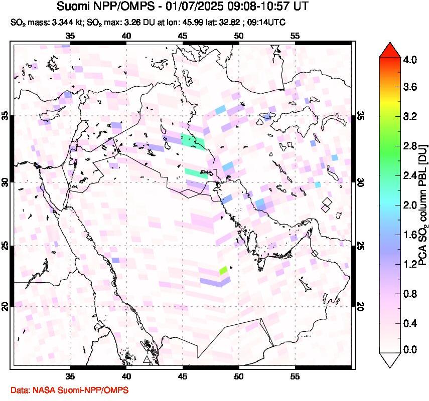 A sulfur dioxide image over Middle East on Jan 07, 2025.