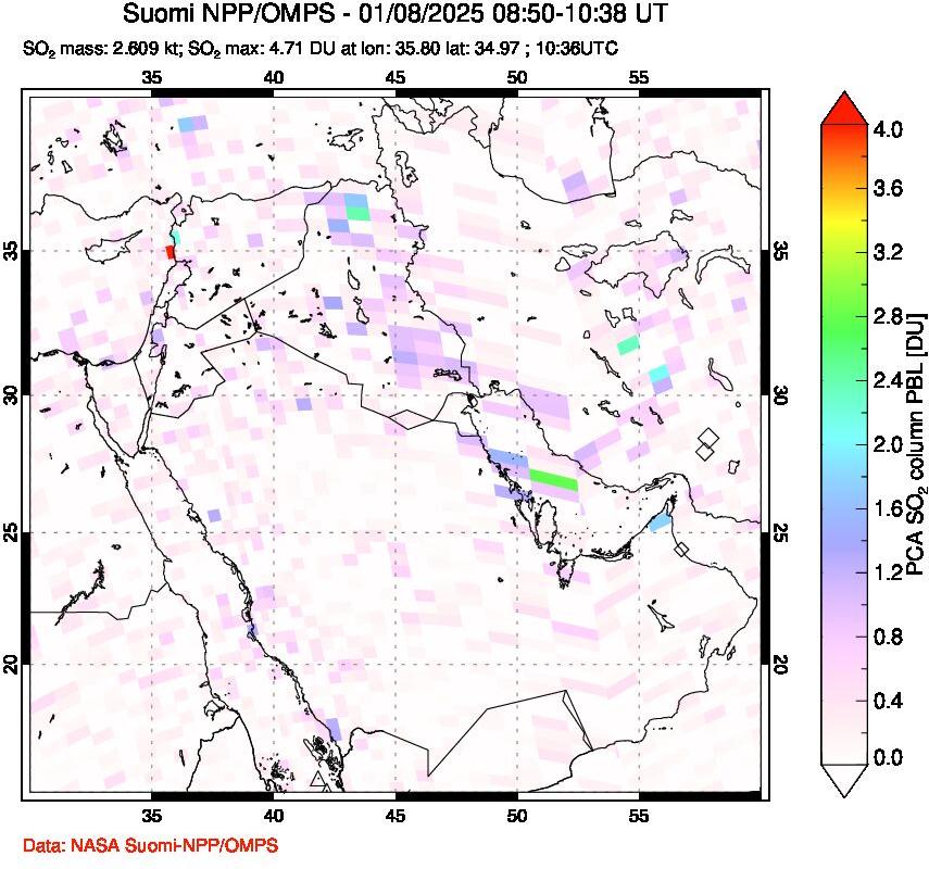 A sulfur dioxide image over Middle East on Jan 08, 2025.