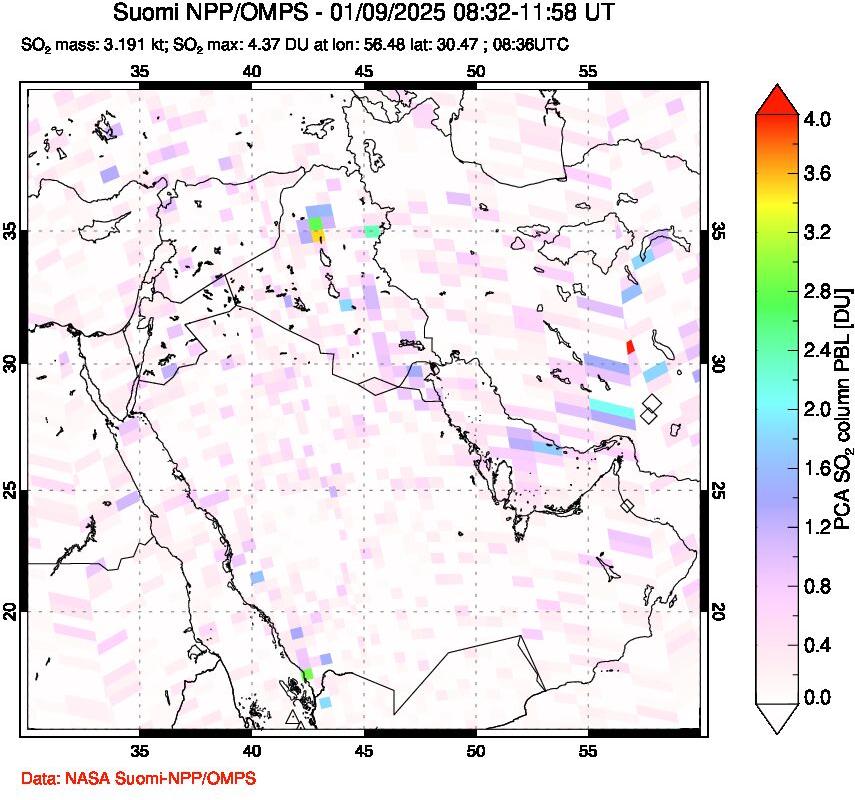 A sulfur dioxide image over Middle East on Jan 09, 2025.