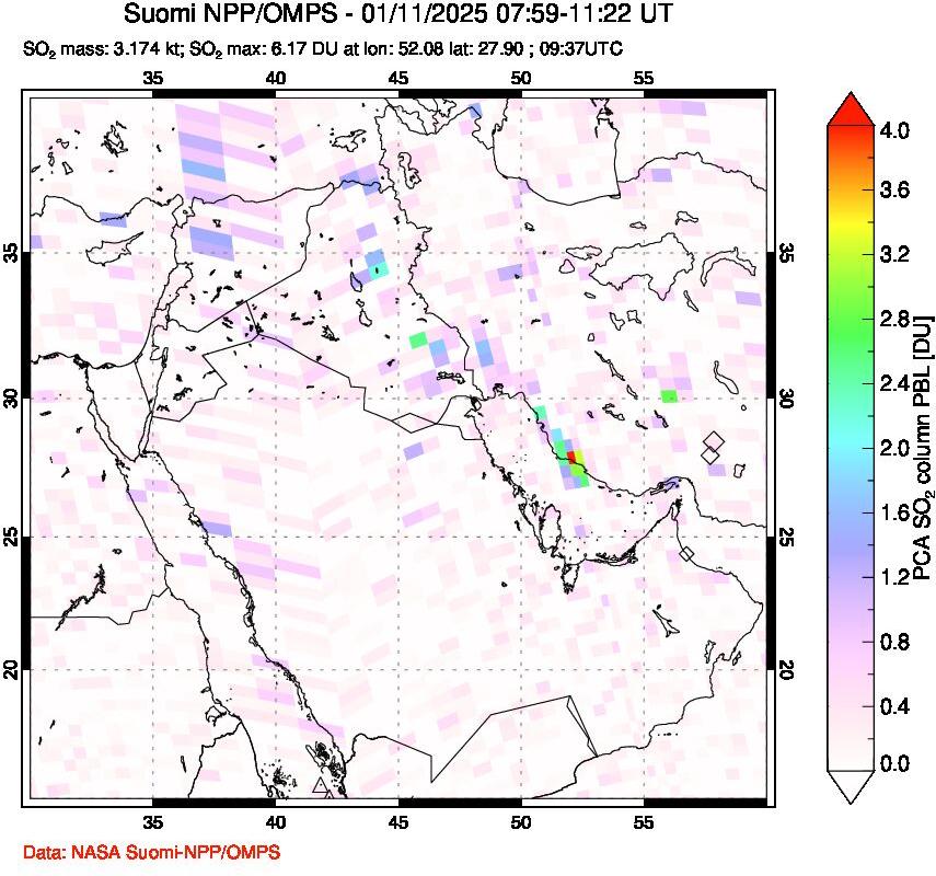 A sulfur dioxide image over Middle East on Jan 11, 2025.