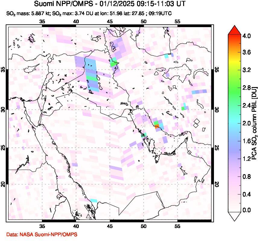 A sulfur dioxide image over Middle East on Jan 12, 2025.