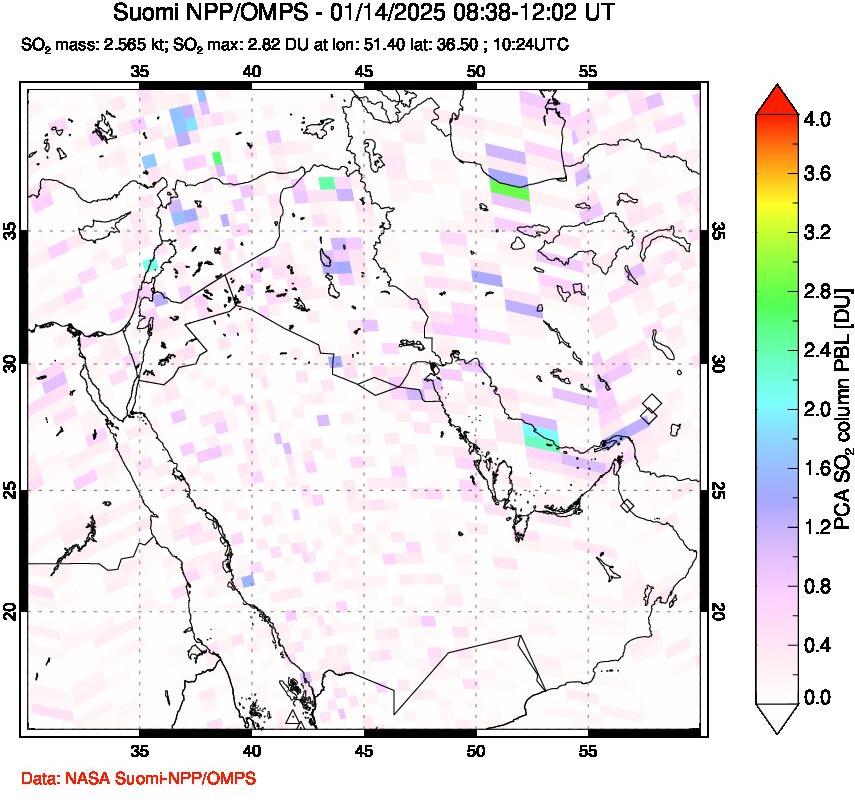 A sulfur dioxide image over Middle East on Jan 14, 2025.