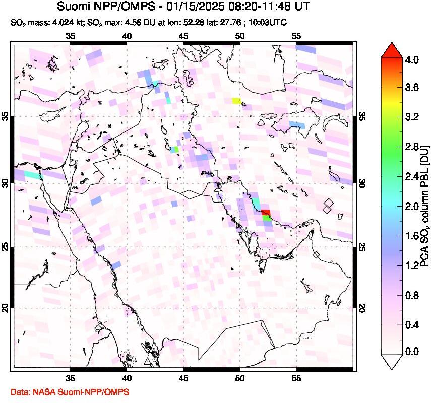 A sulfur dioxide image over Middle East on Jan 15, 2025.