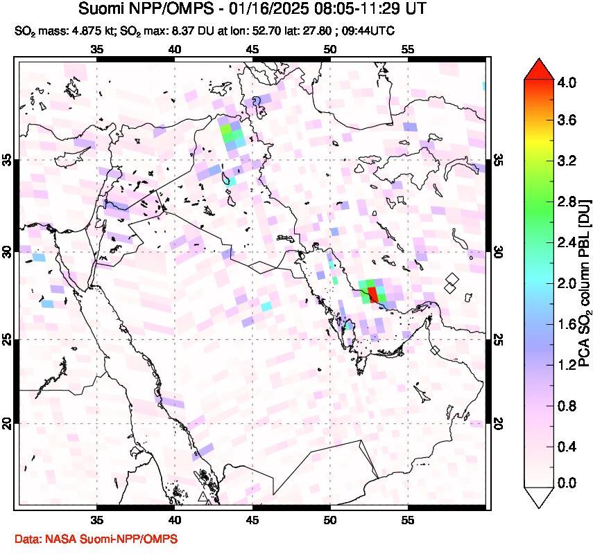 A sulfur dioxide image over Middle East on Jan 16, 2025.