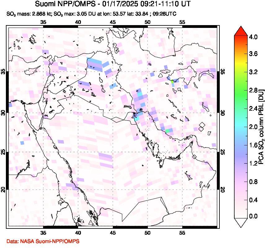 A sulfur dioxide image over Middle East on Jan 17, 2025.