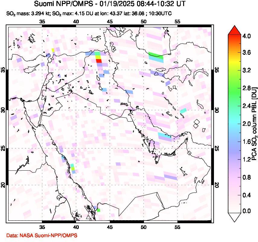 A sulfur dioxide image over Middle East on Jan 19, 2025.