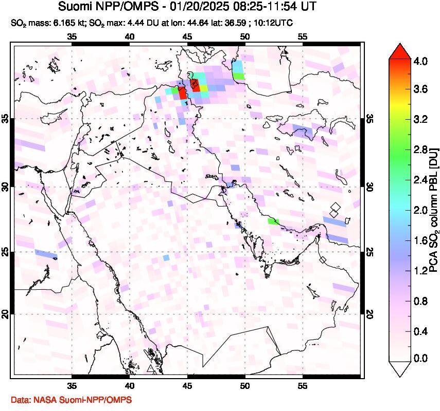 A sulfur dioxide image over Middle East on Jan 20, 2025.