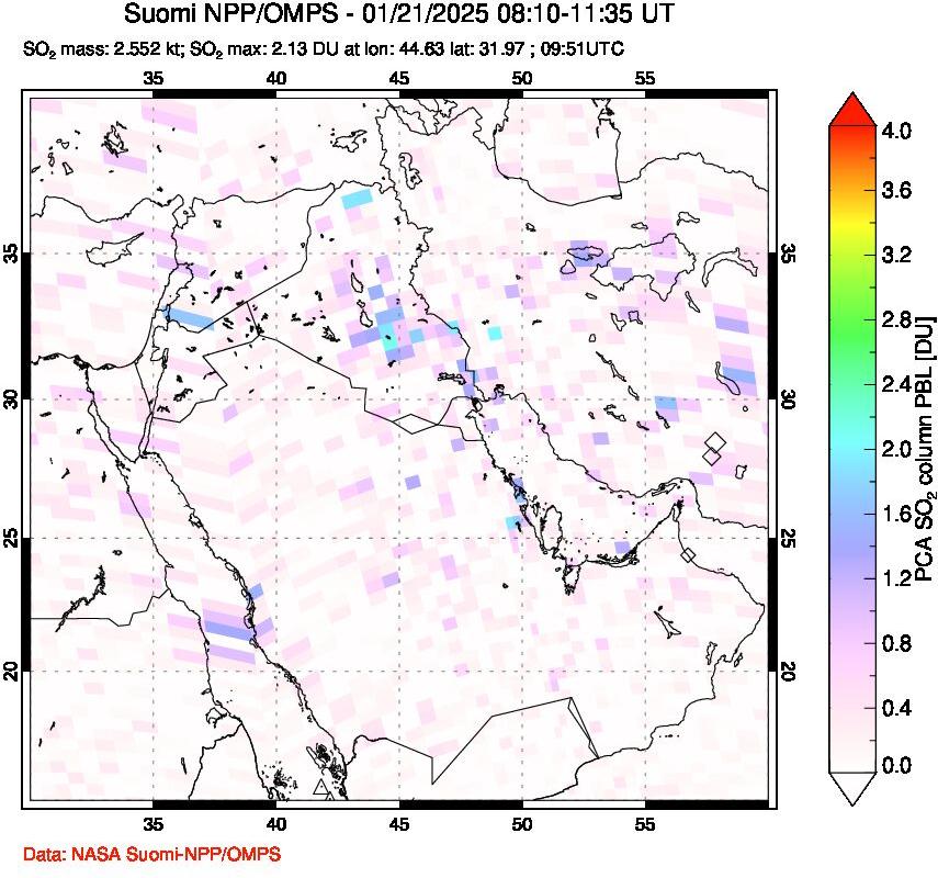 A sulfur dioxide image over Middle East on Jan 21, 2025.