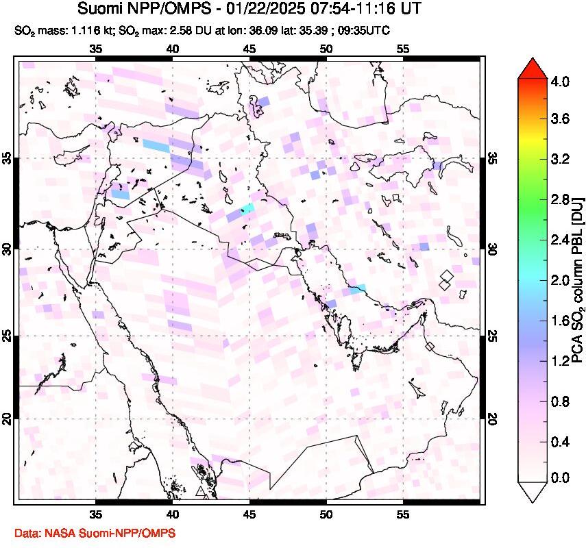 A sulfur dioxide image over Middle East on Jan 22, 2025.