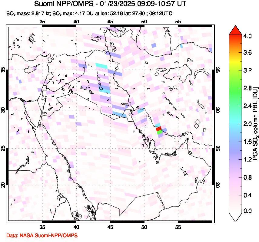 A sulfur dioxide image over Middle East on Jan 23, 2025.