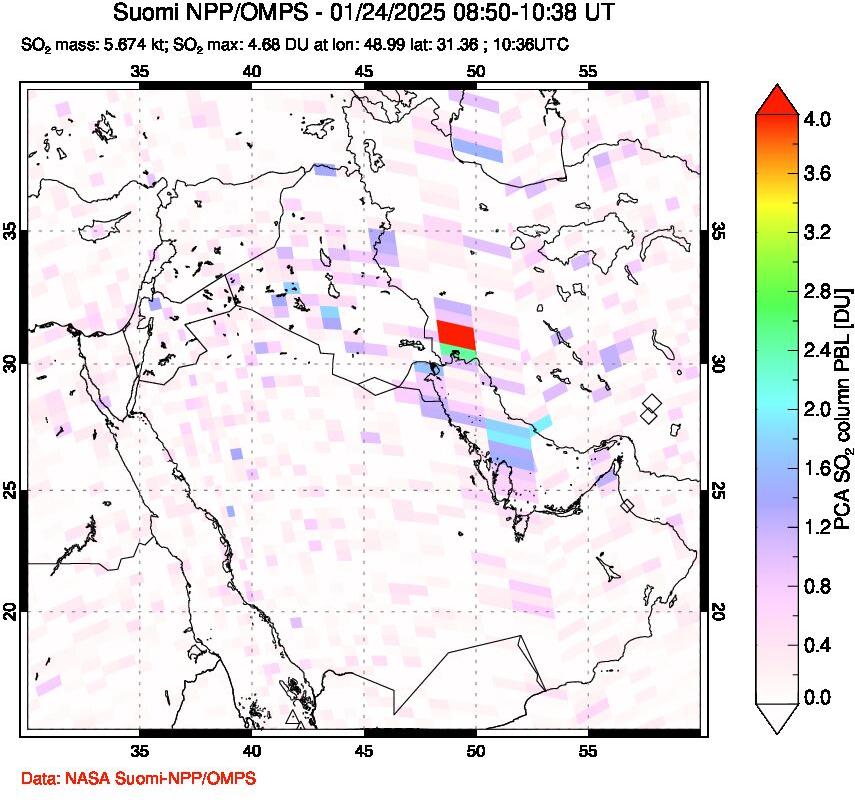 A sulfur dioxide image over Middle East on Jan 24, 2025.