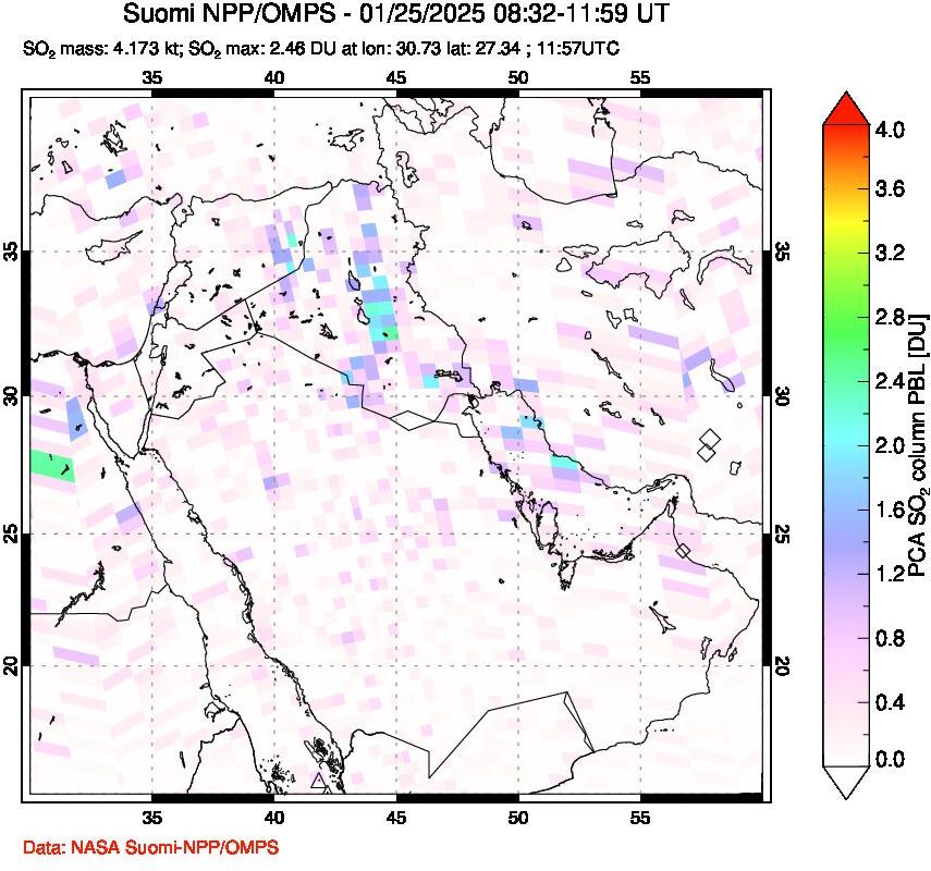 A sulfur dioxide image over Middle East on Jan 25, 2025.