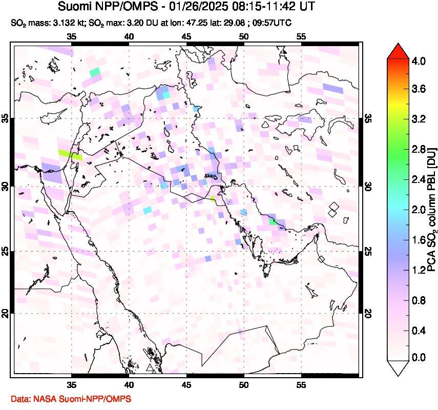 A sulfur dioxide image over Middle East on Jan 26, 2025.