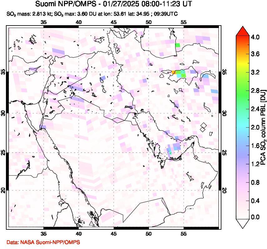 A sulfur dioxide image over Middle East on Jan 27, 2025.