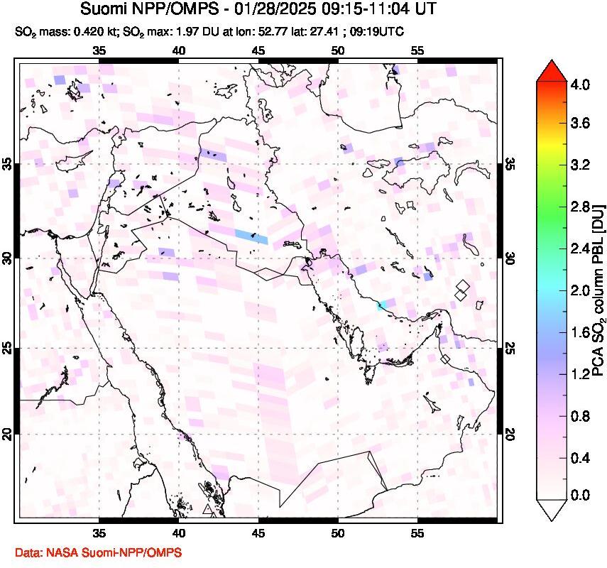 A sulfur dioxide image over Middle East on Jan 28, 2025.