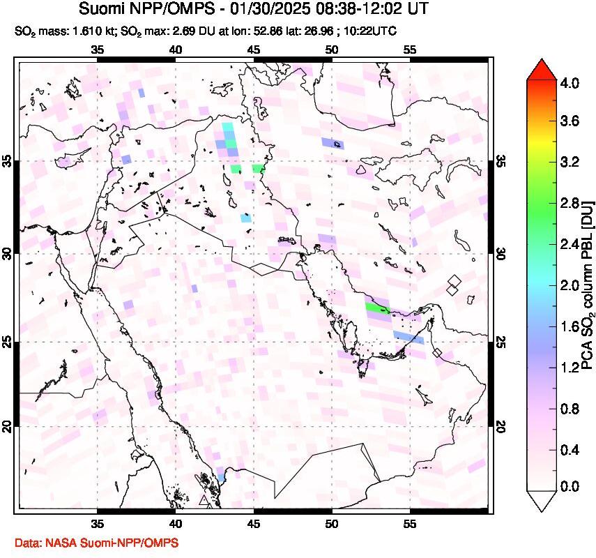 A sulfur dioxide image over Middle East on Jan 30, 2025.