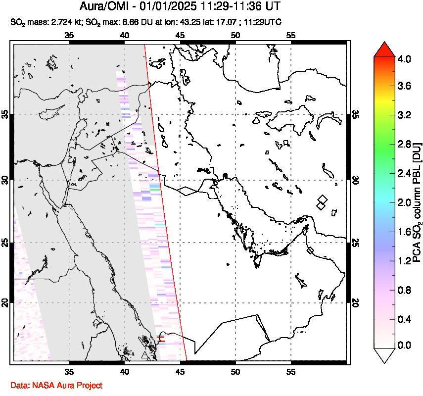 A sulfur dioxide image over Middle East on Jan 01, 2025.