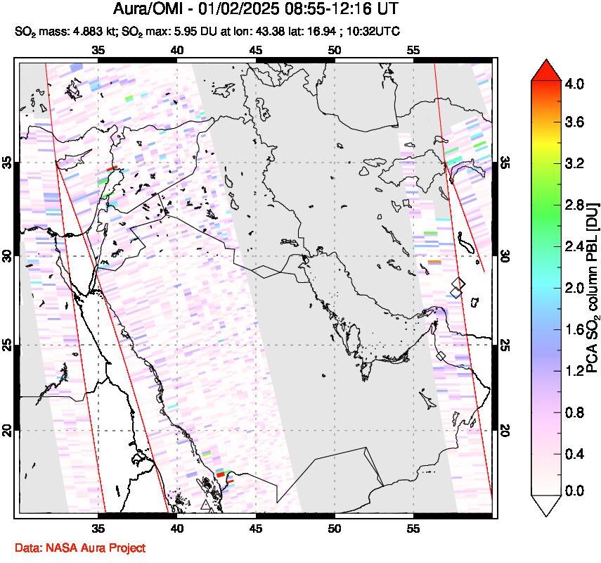 A sulfur dioxide image over Middle East on Jan 02, 2025.