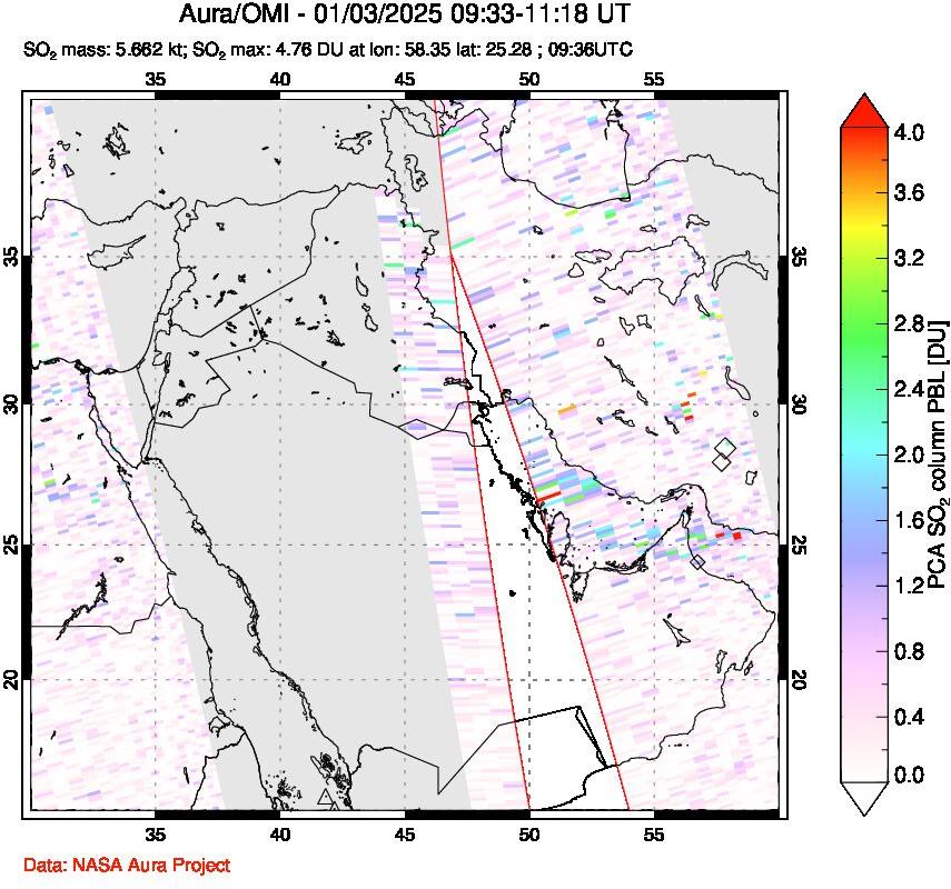 A sulfur dioxide image over Middle East on Jan 03, 2025.