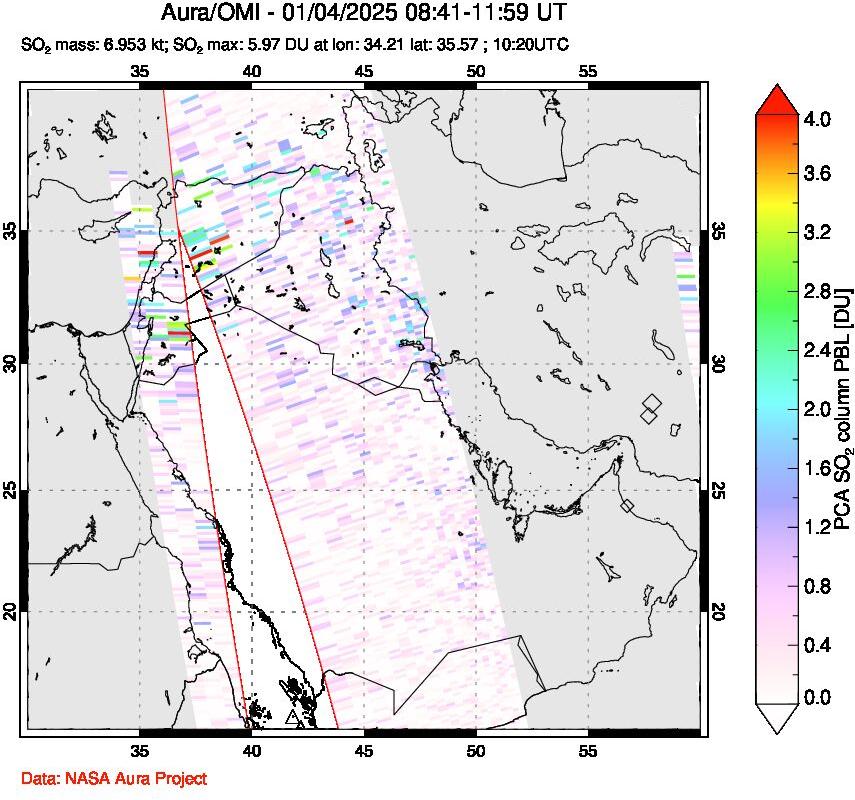 A sulfur dioxide image over Middle East on Jan 04, 2025.