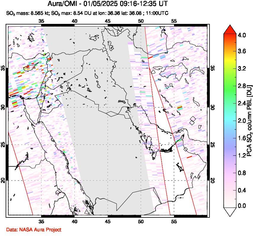 A sulfur dioxide image over Middle East on Jan 05, 2025.