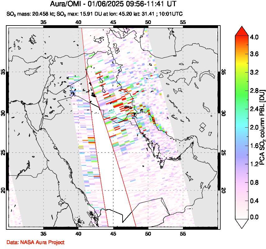 A sulfur dioxide image over Middle East on Jan 06, 2025.