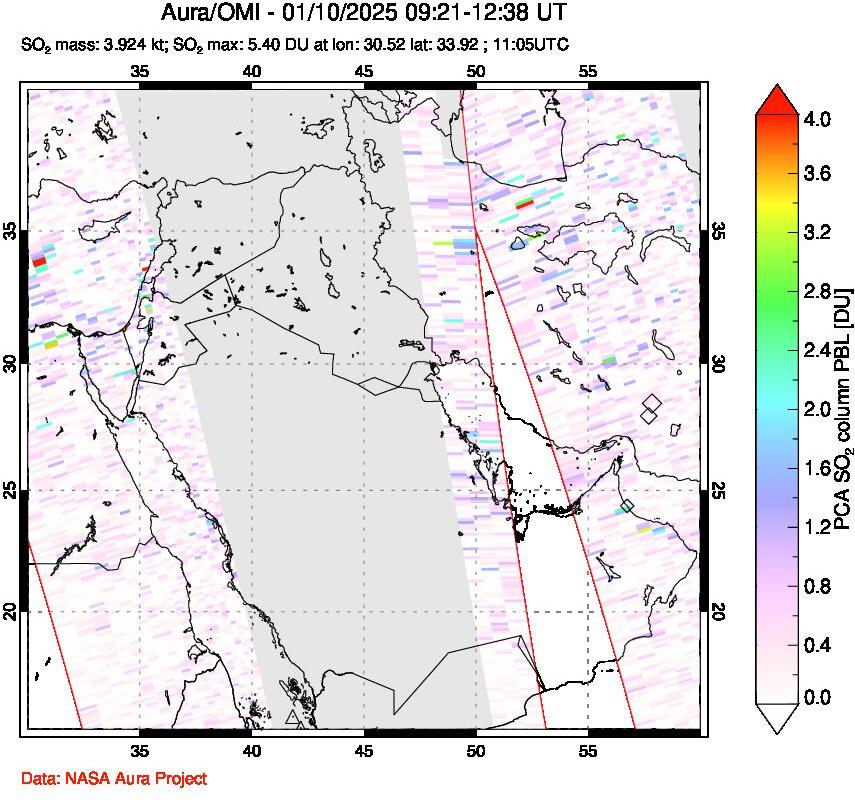 A sulfur dioxide image over Middle East on Jan 10, 2025.