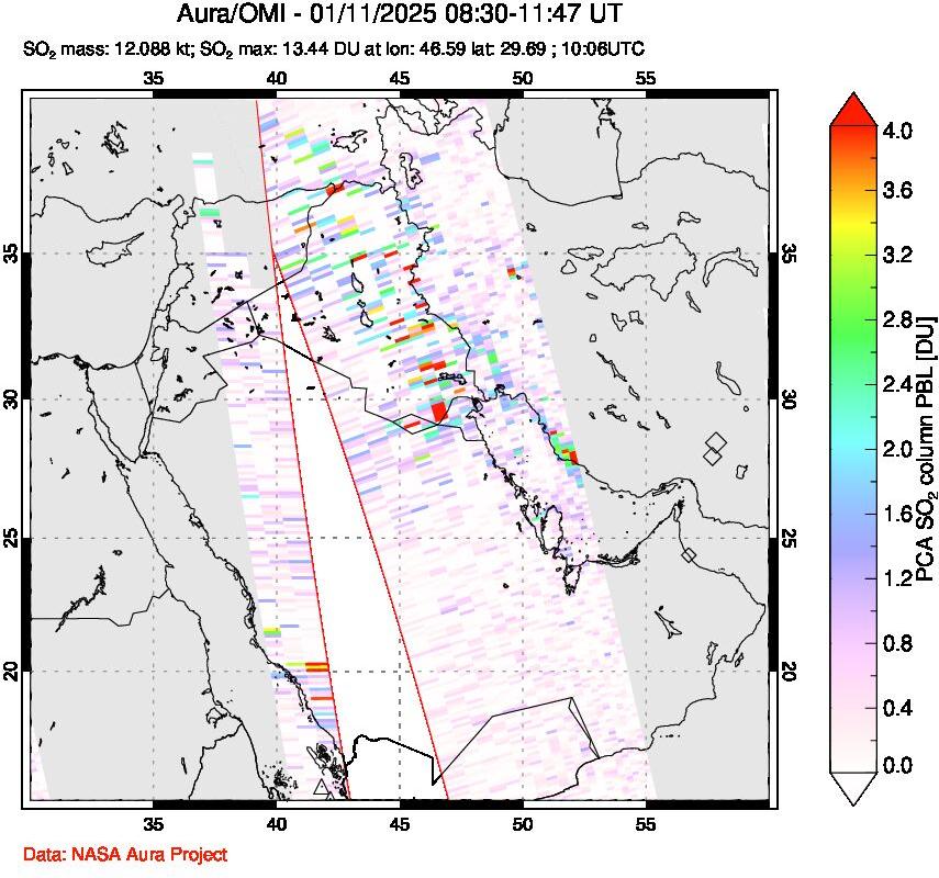 A sulfur dioxide image over Middle East on Jan 11, 2025.