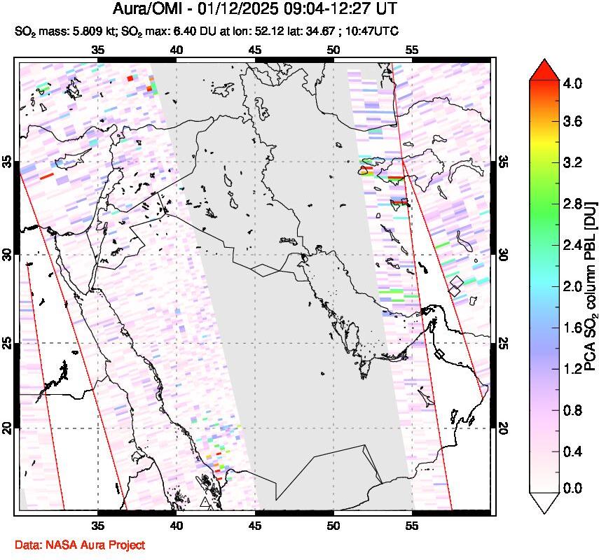 A sulfur dioxide image over Middle East on Jan 12, 2025.