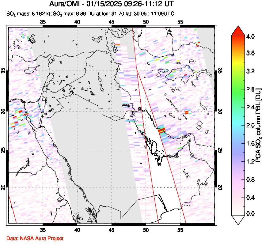 A sulfur dioxide image over Middle East on Jan 15, 2025.