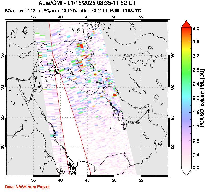 A sulfur dioxide image over Middle East on Jan 16, 2025.