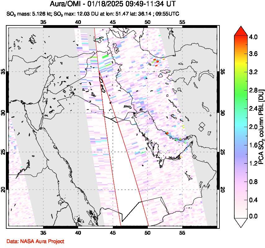 A sulfur dioxide image over Middle East on Jan 18, 2025.