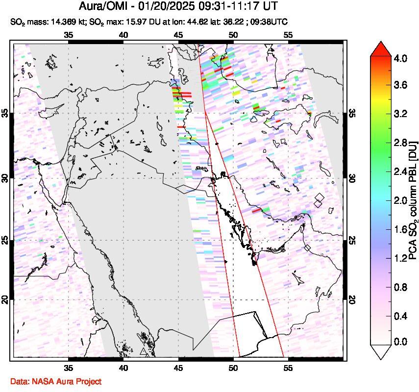 A sulfur dioxide image over Middle East on Jan 20, 2025.