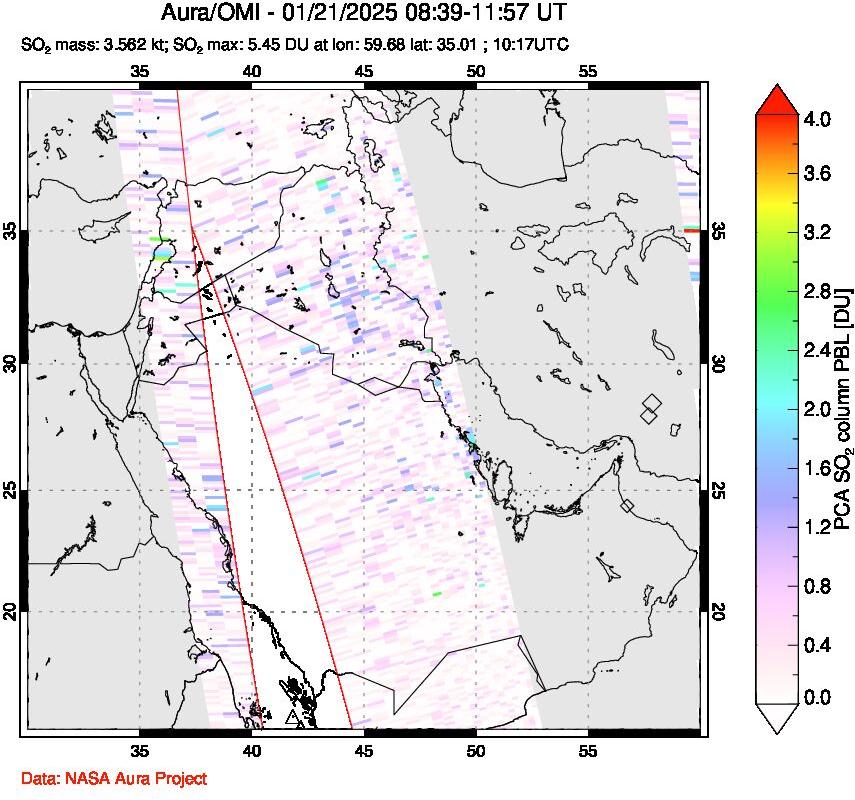 A sulfur dioxide image over Middle East on Jan 21, 2025.