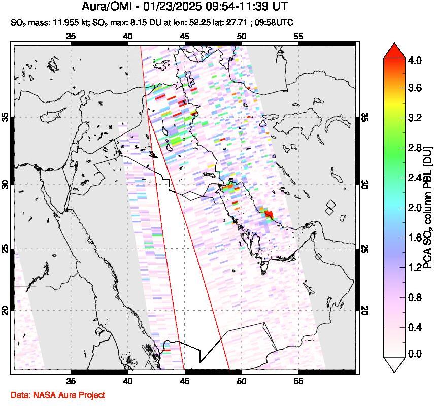 A sulfur dioxide image over Middle East on Jan 23, 2025.