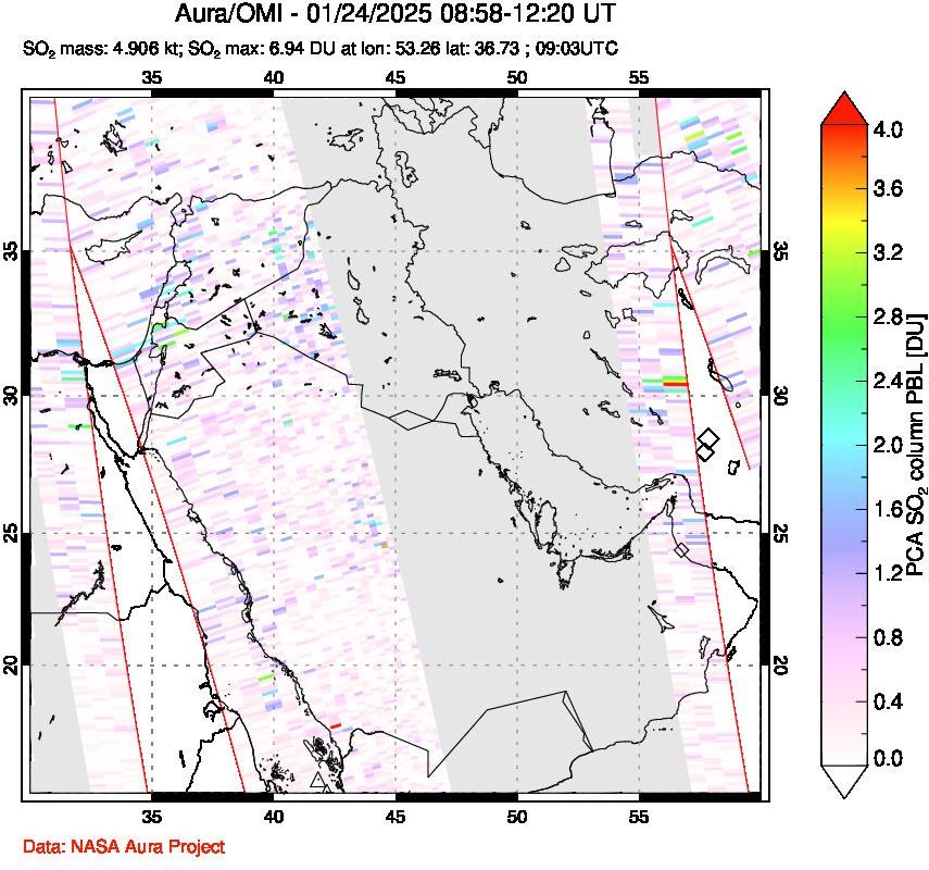 A sulfur dioxide image over Middle East on Jan 24, 2025.